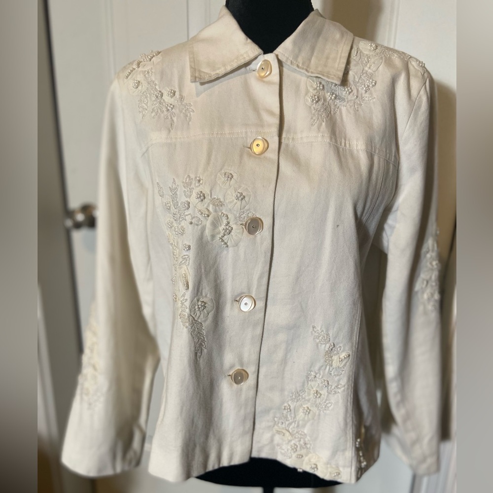 Anage Two~VTG~Off-White~100% Cotton~Pearl & Bead Embellished~Light Jacket~Size L